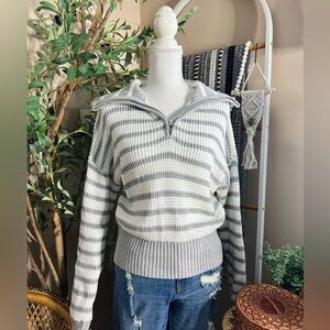 Sage & Stone Gray Stripe Half Zip Waffle Knit Sweater XL Cozy Pullover